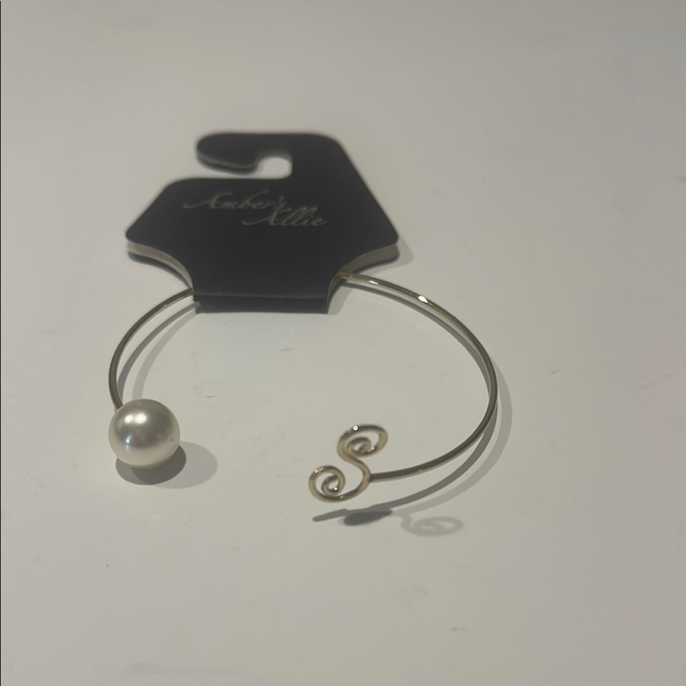 Gold initial S Open Cuff Bracelet with Pearl Accent